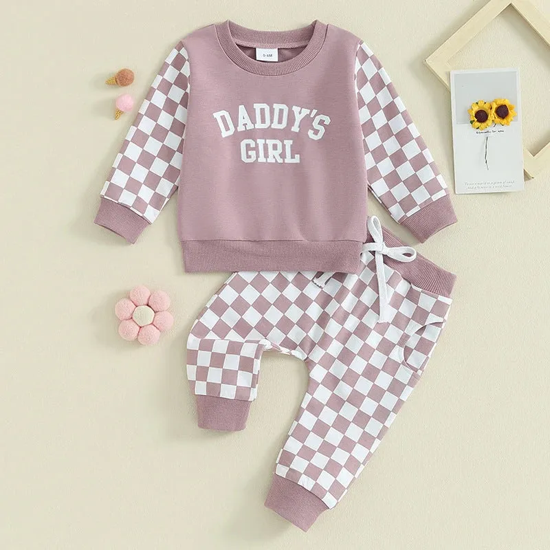 2 Pieces Set Baby Kid Girls Letters Color-blocking Tops And Checked Pants Wholesale 231130325