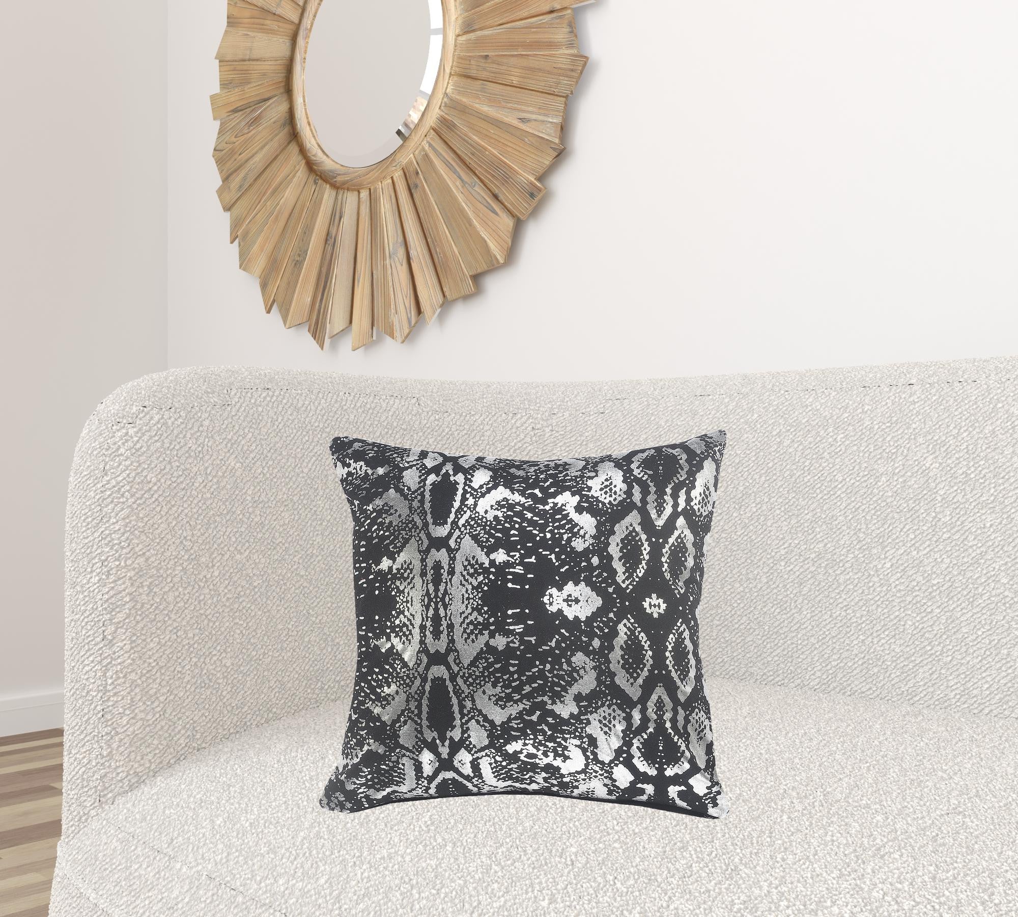 20 X 20 Black And Silver 100% Cotton Animal Print Zippered Pillow