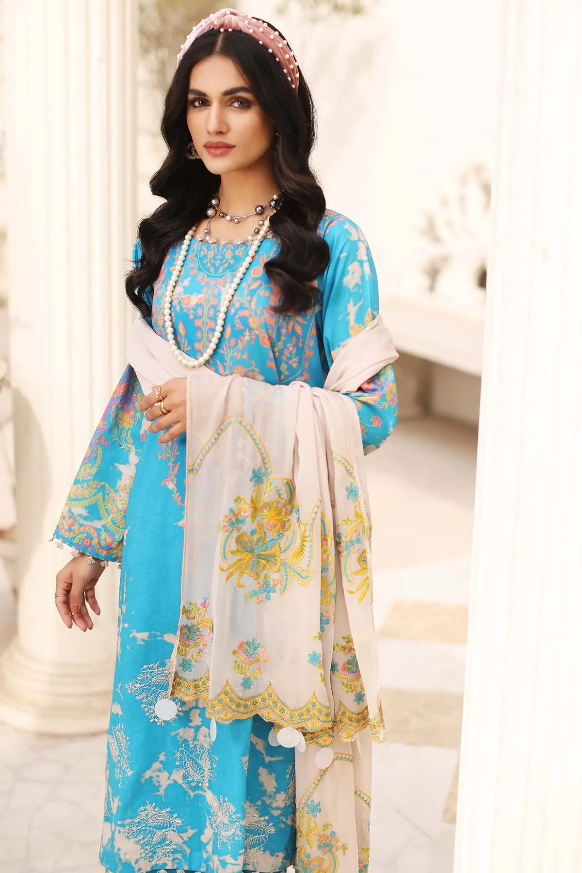 3-Pc Charizma Unstitched Embroidered Lawn Shirt With Embroidered Chiffon Dupatta AN23-23