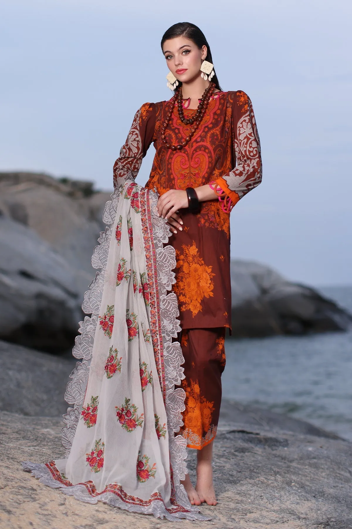 3-PC Unstitched Printed Lawn Shirt with Embroidered Chiffon Dupatta PM4-15