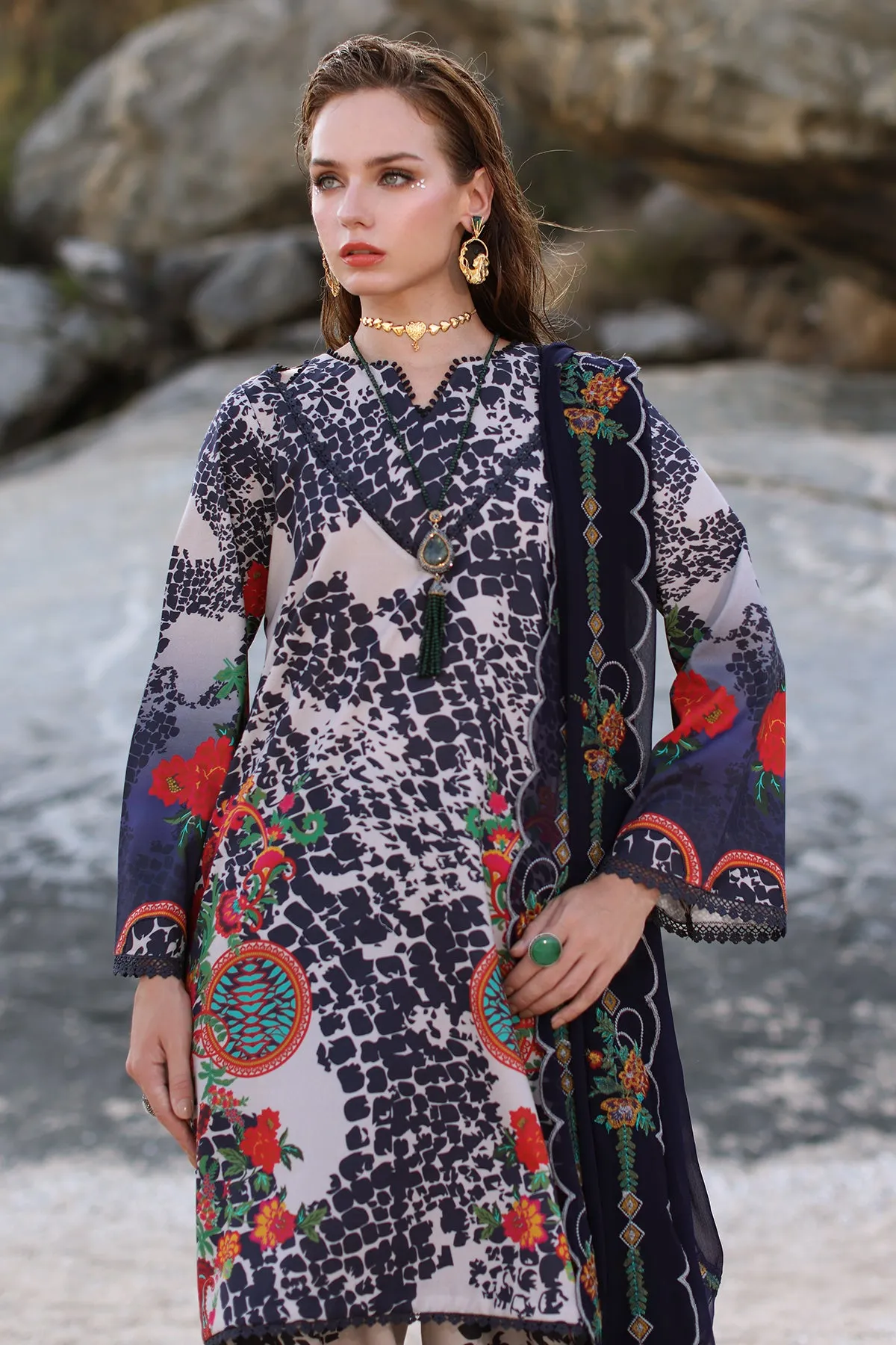 3-PC Unstitched Printed Lawn with Embroidered Chiffon Dupatta PM4-30