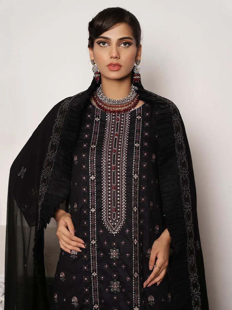 3PC Unstitched - Printed Embroidered Lawn Shirt With Chiffon Mukesh Dupatta