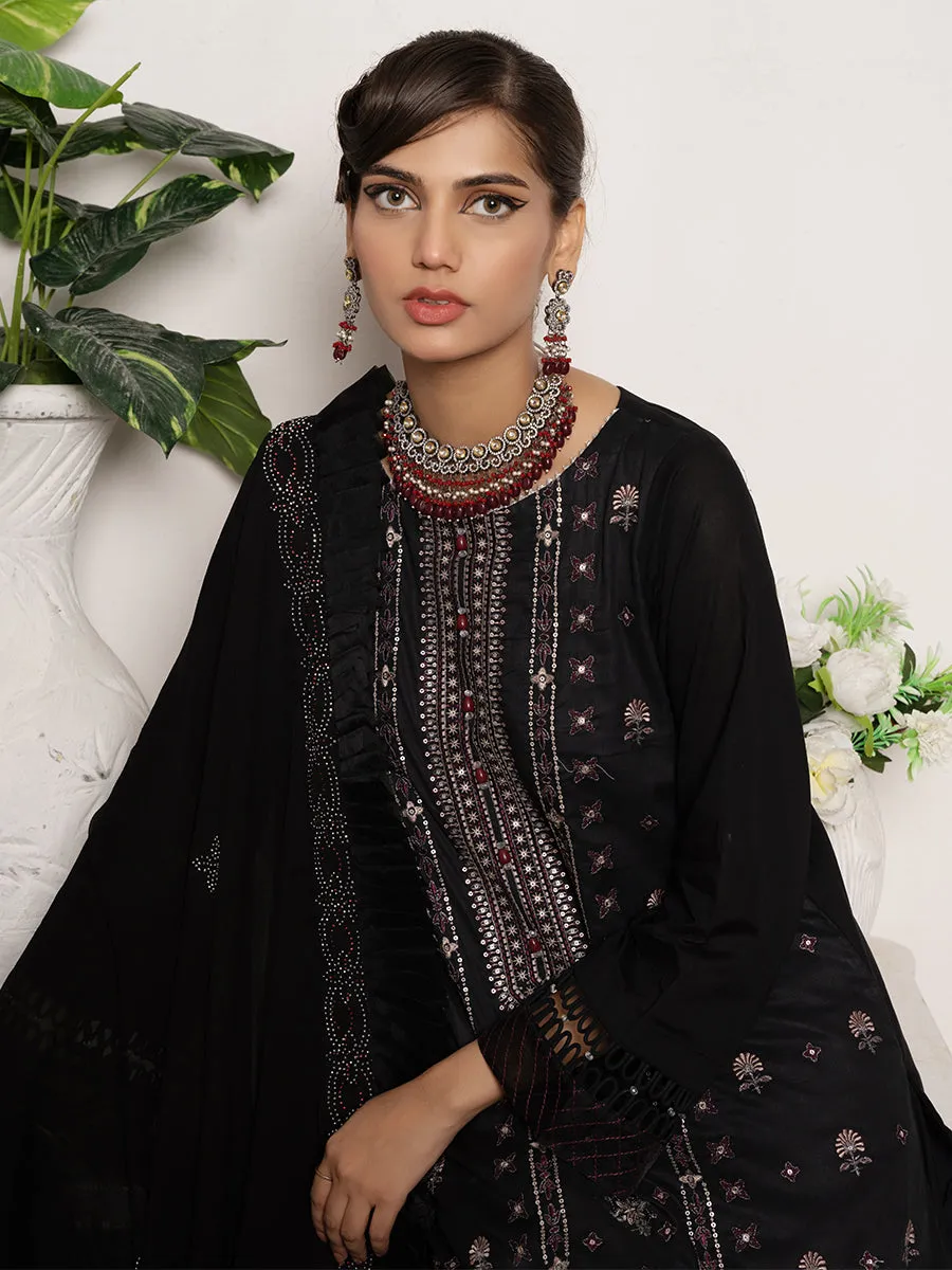 3PC Unstitched - Printed Embroidered Lawn Shirt With Chiffon Mukesh Dupatta