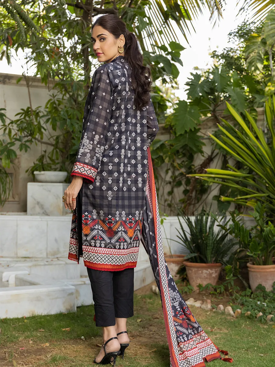 3pc Unstitched - Printed Embroidered Lawn Shirt With Printed Lawn Dupatta