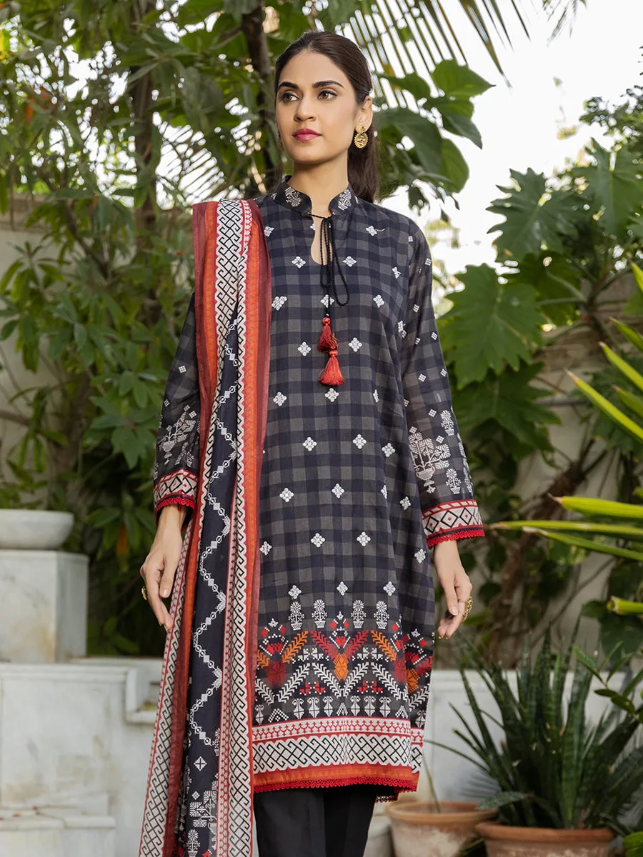 3pc Unstitched - Printed Embroidered Lawn Shirt With Printed Lawn Dupatta