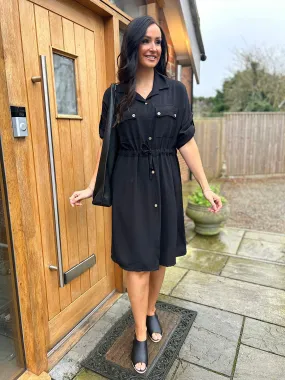 Black Crepe Tie Waist Shirt Dress Francesca