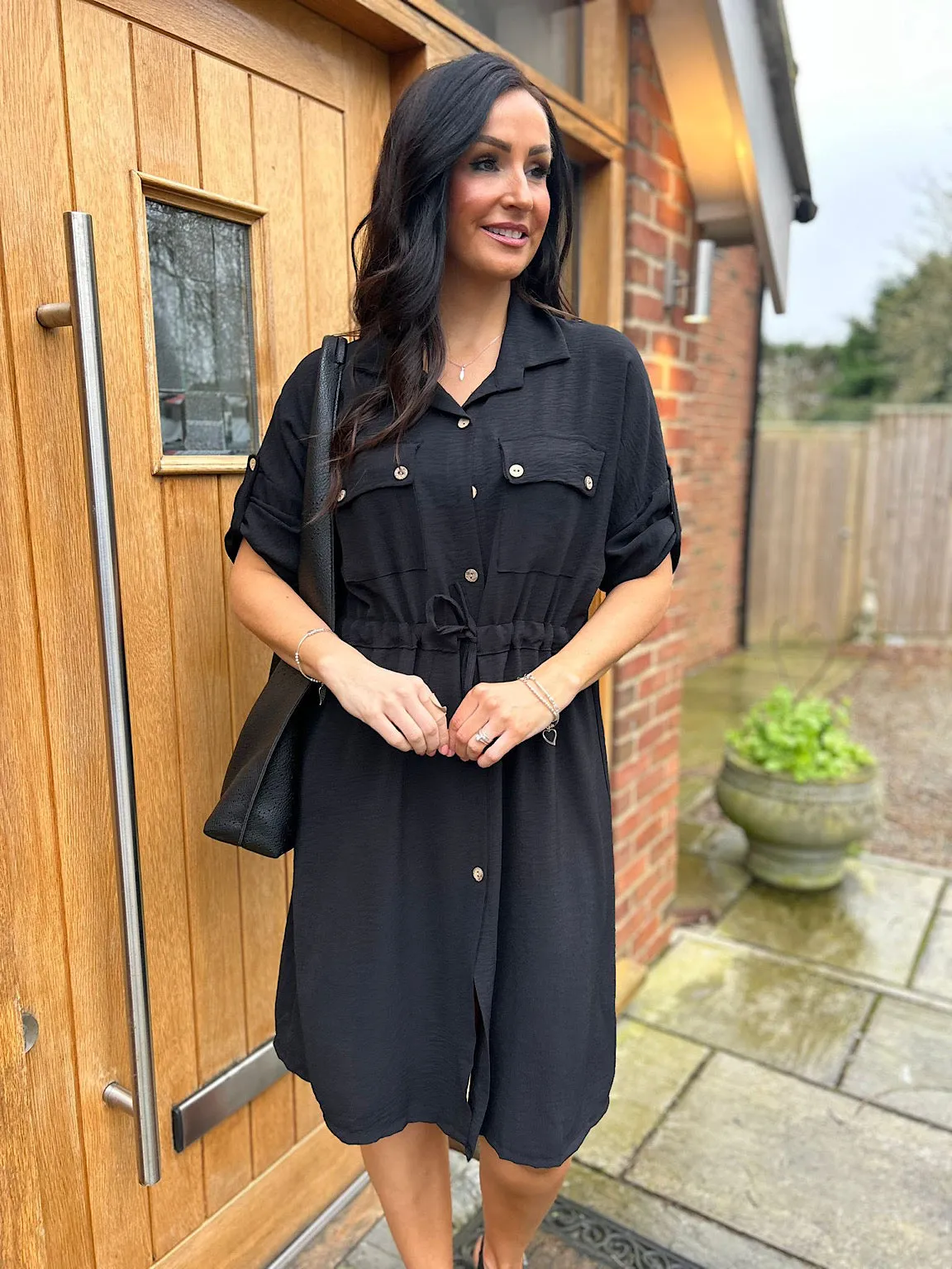 Black Crepe Tie Waist Shirt Dress Francesca