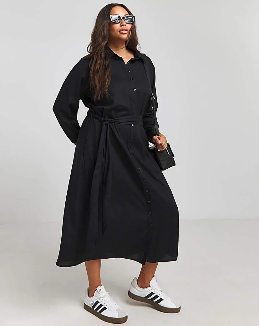 Black Tie Waist Midi Shirt Dress