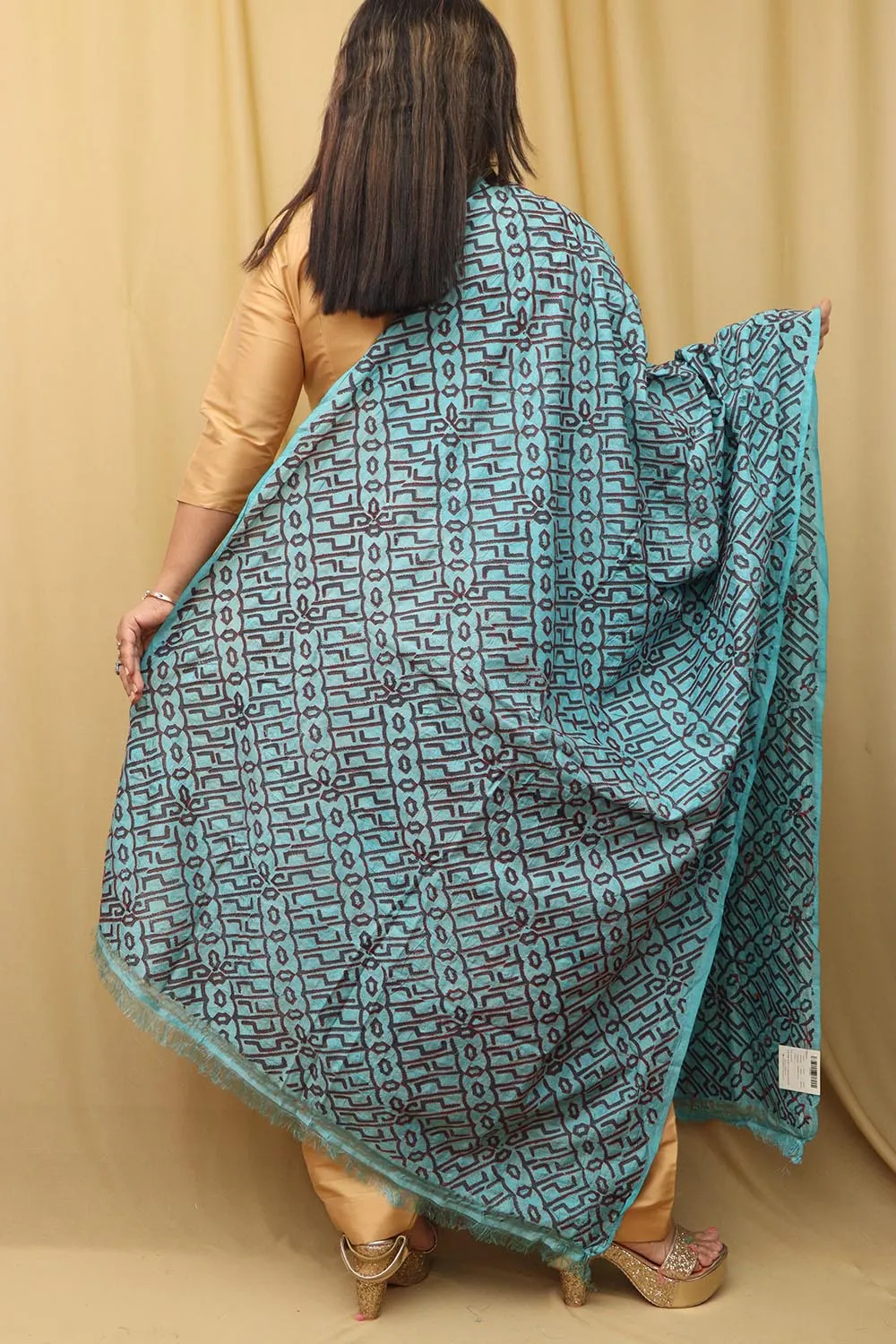 Blue Hand Embroidered Kantha Block Printed Tussar Silk Dupatta