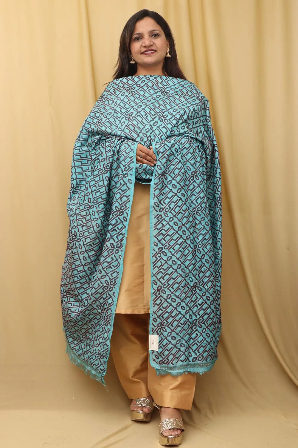 Blue Hand Embroidered Kantha Block Printed Tussar Silk Dupatta