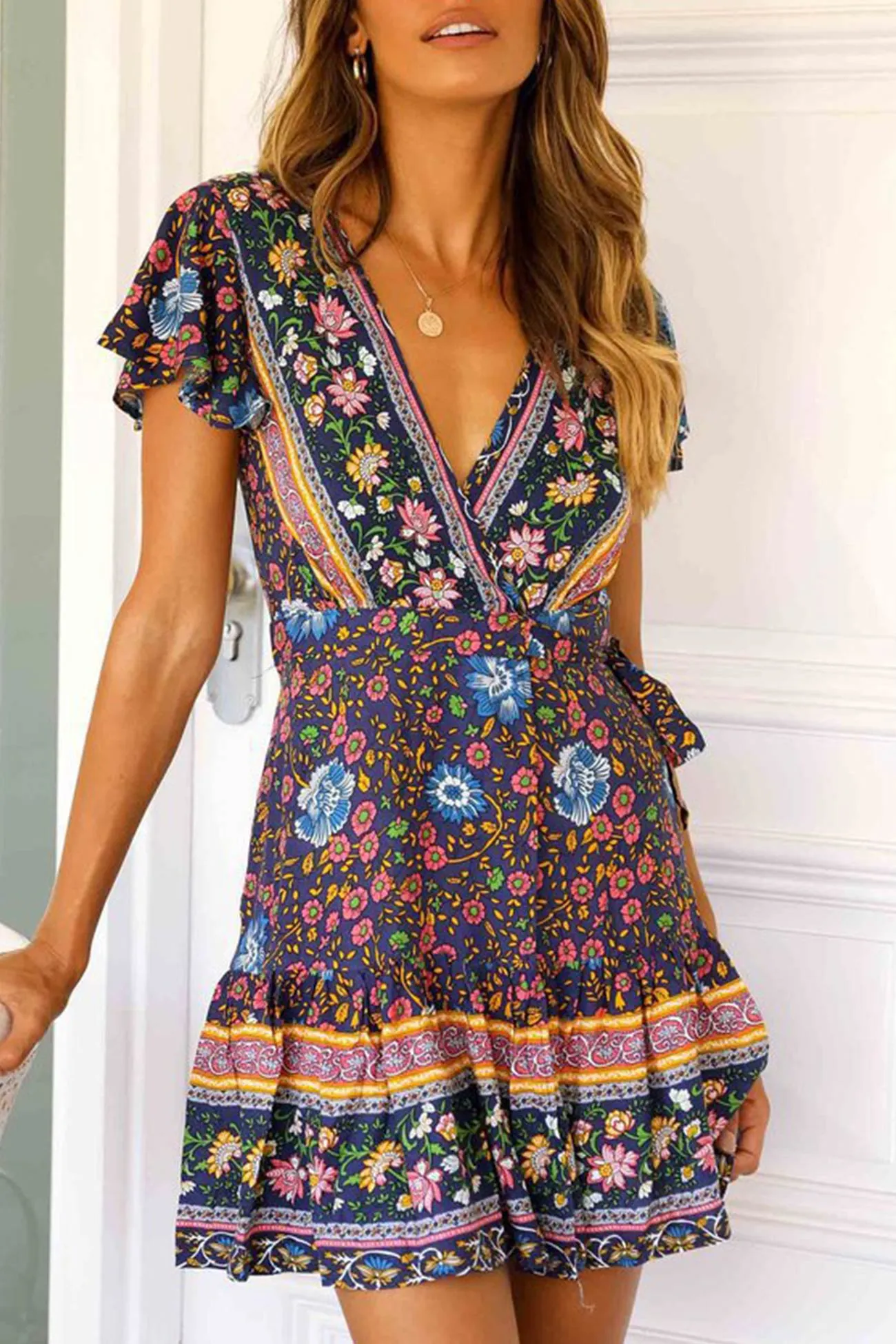 Bohemian V Neck Tie-waist Slit Mini Dress