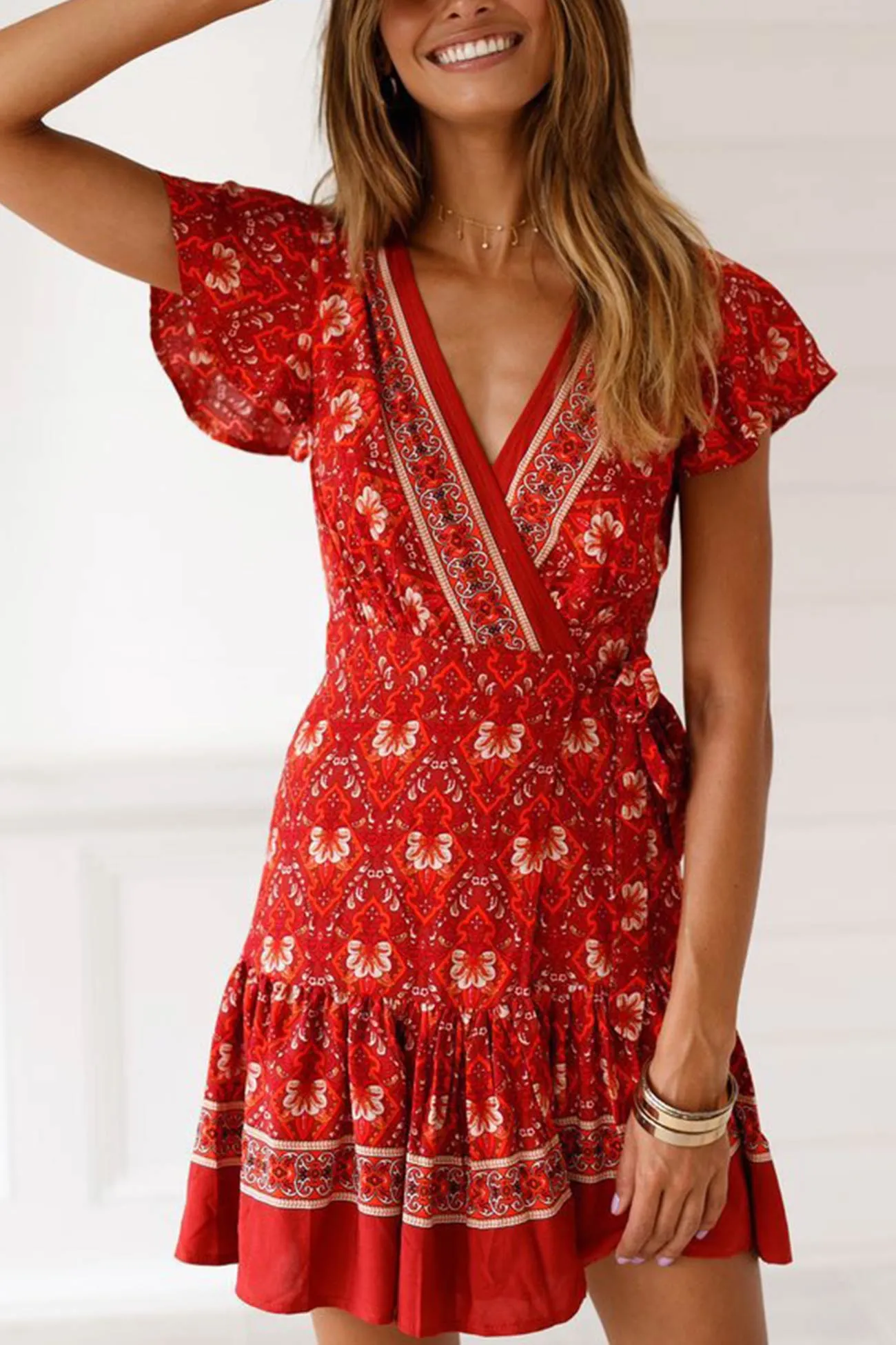 Bohemian V Neck Tie-waist Slit Mini Dress