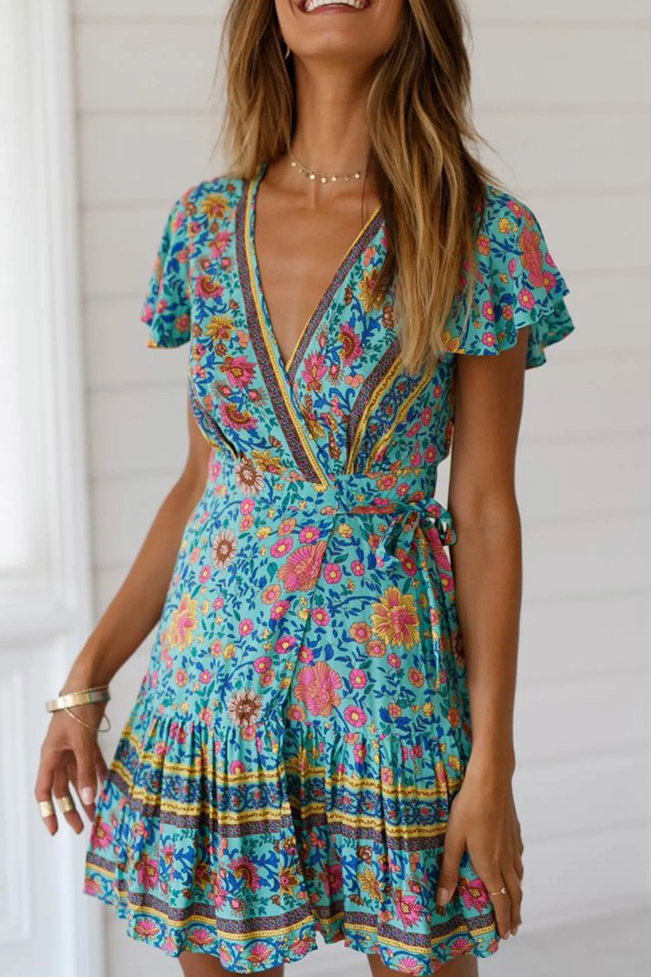 Bohemian V Neck Tie-waist Slit Mini Dress