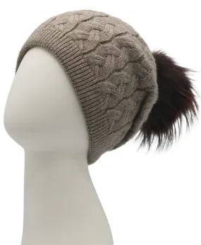 Cable Knit Slouch Hat w/ Fur Pom