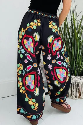 Casual Street Graffiti Print Flowers Print Pocket Loose High Waist Wide Leg Full Print Bottoms(3 Colors)