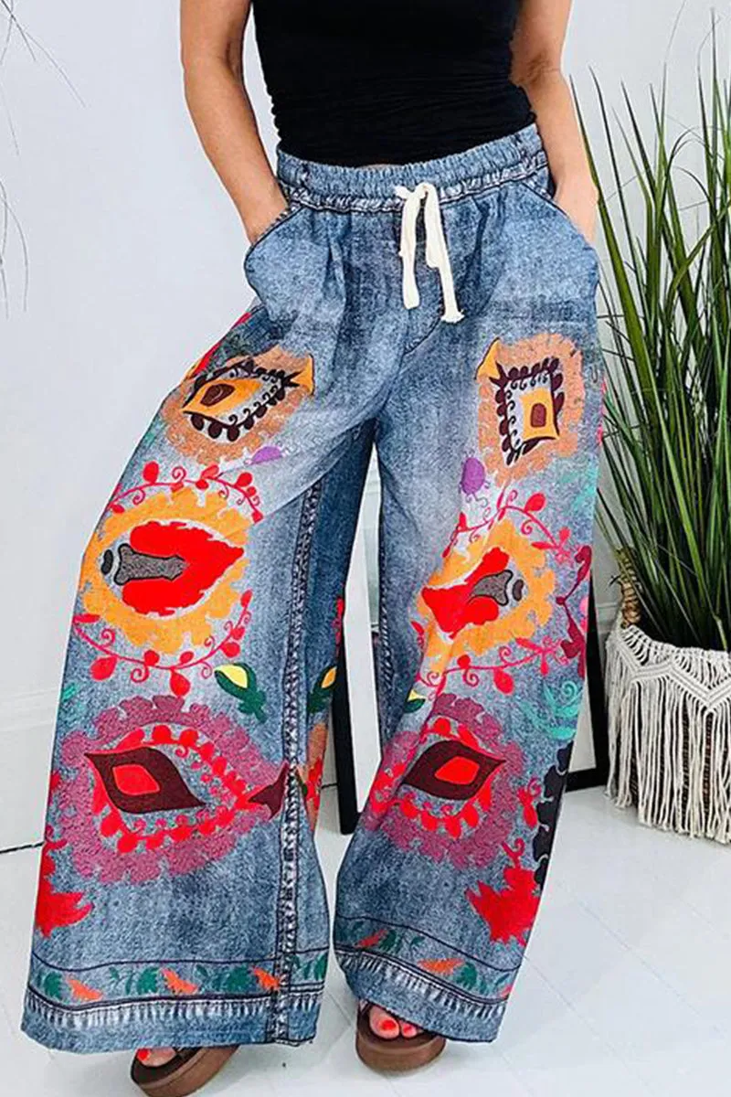 Casual Street Graffiti Print Flowers Print Pocket Loose High Waist Wide Leg Full Print Bottoms(3 Colors)