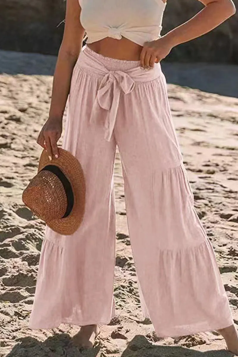 Casual Vacation Solid Bandage Fold Loose High Waist Wide Leg Solid Color Bottoms