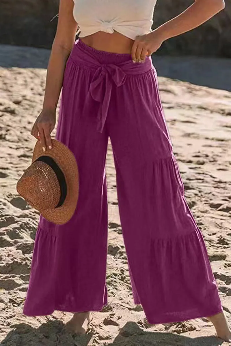 Casual Vacation Solid Bandage Fold Loose High Waist Wide Leg Solid Color Bottoms