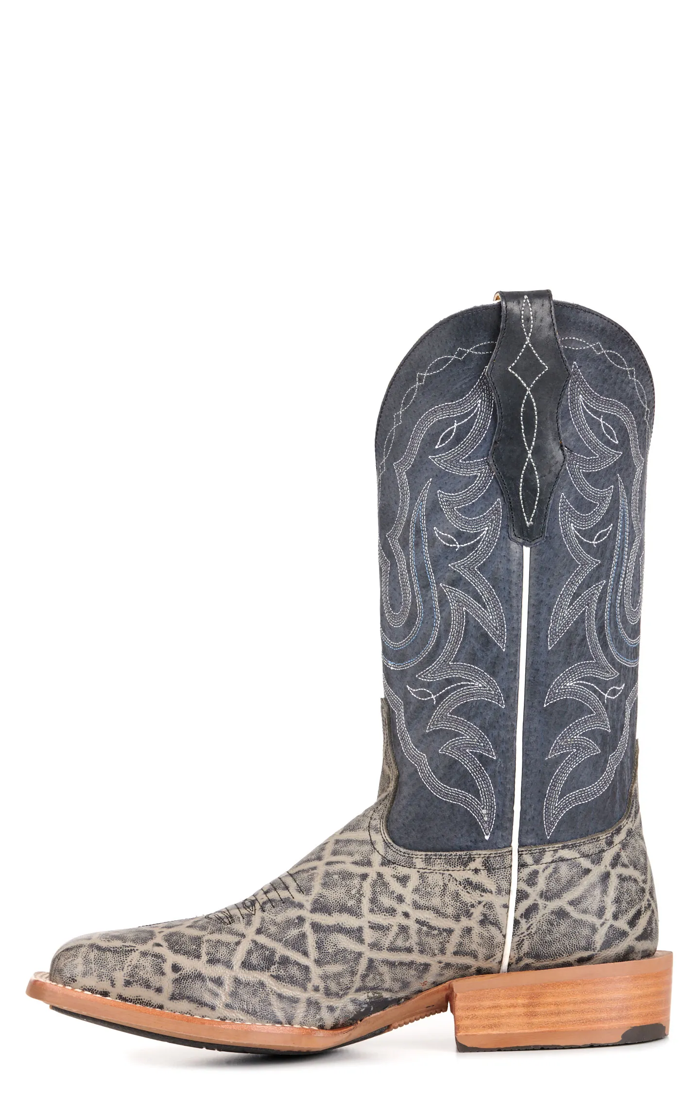 Cavender's Men's Intrepid Grey Elephant Print and Dark Blue Suede Wide Square Toe Cowboy Boots