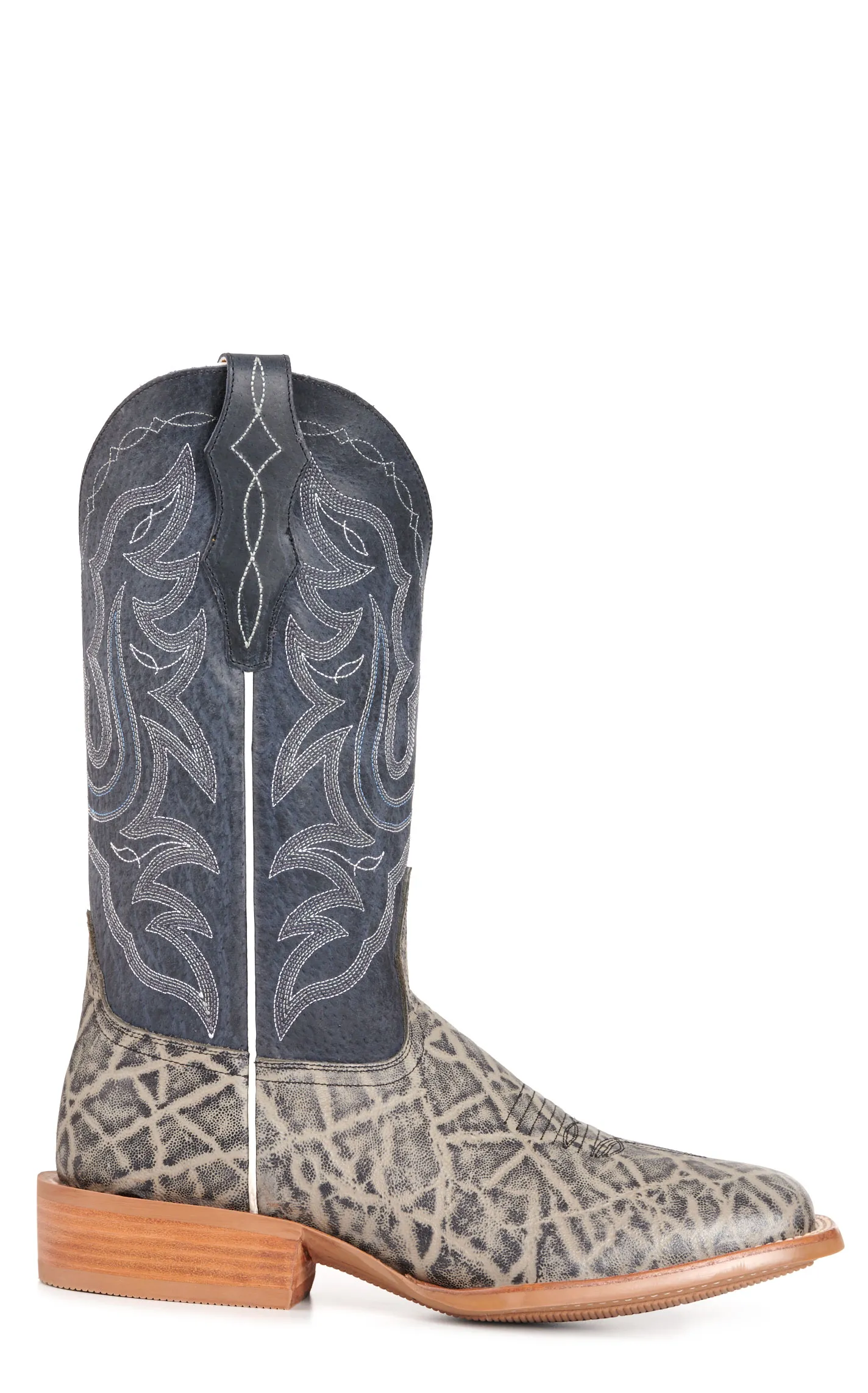 Cavender's Men's Intrepid Grey Elephant Print and Dark Blue Suede Wide Square Toe Cowboy Boots