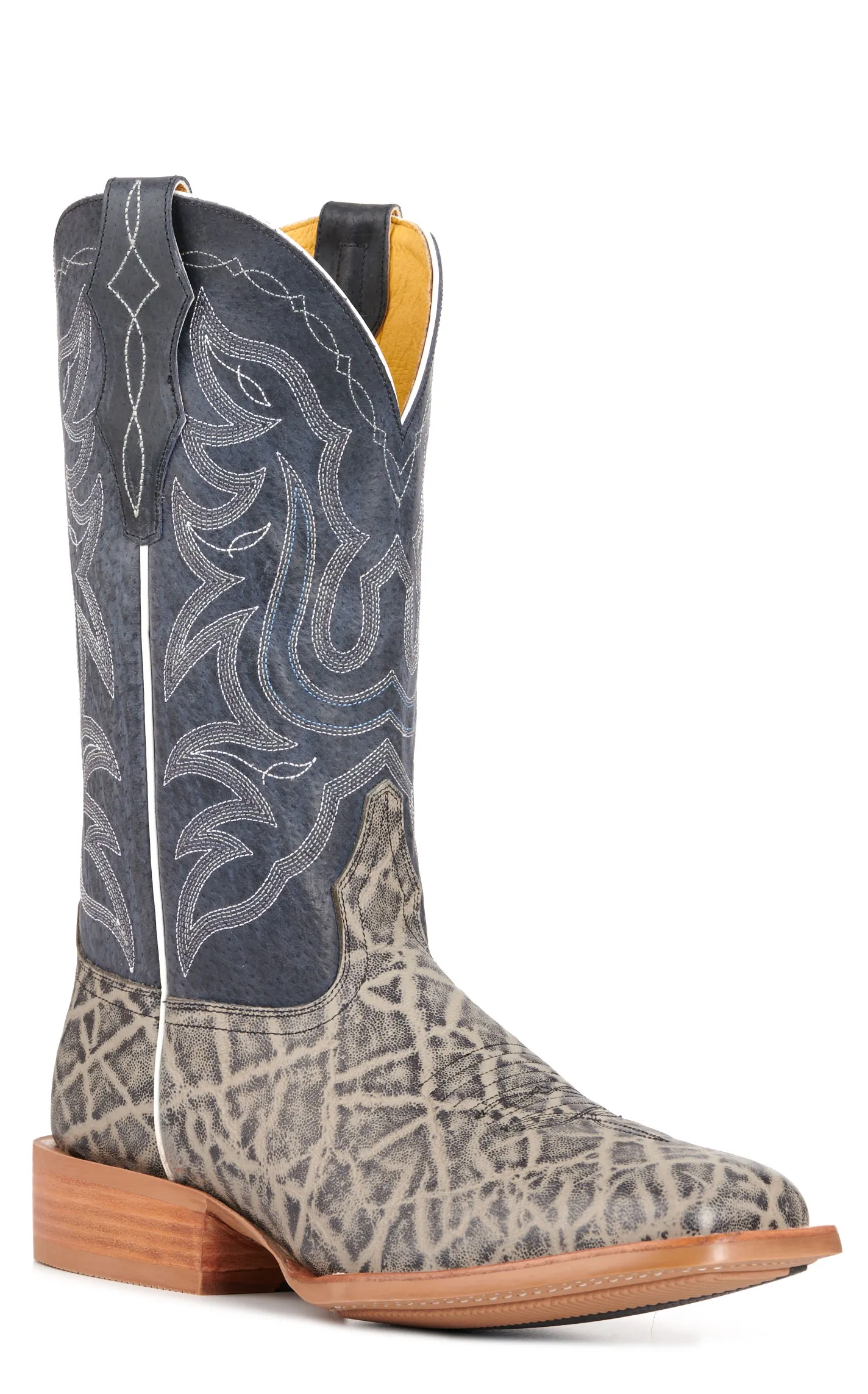 Cavender's Men's Intrepid Grey Elephant Print and Dark Blue Suede Wide Square Toe Cowboy Boots