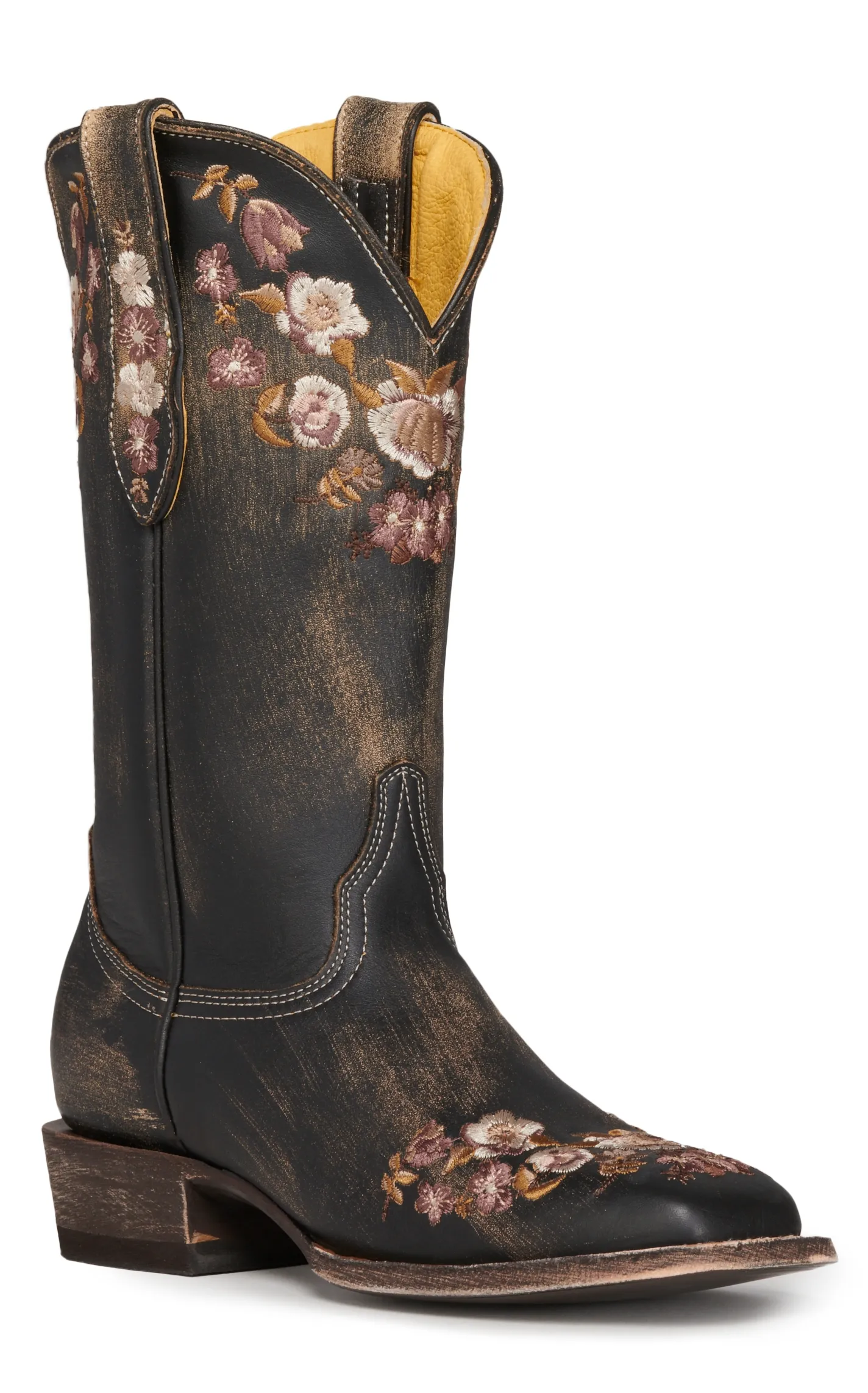 Cavender's Women's Rustic Black with Floral Embroidered Wide Square Toe Cowboy Boots