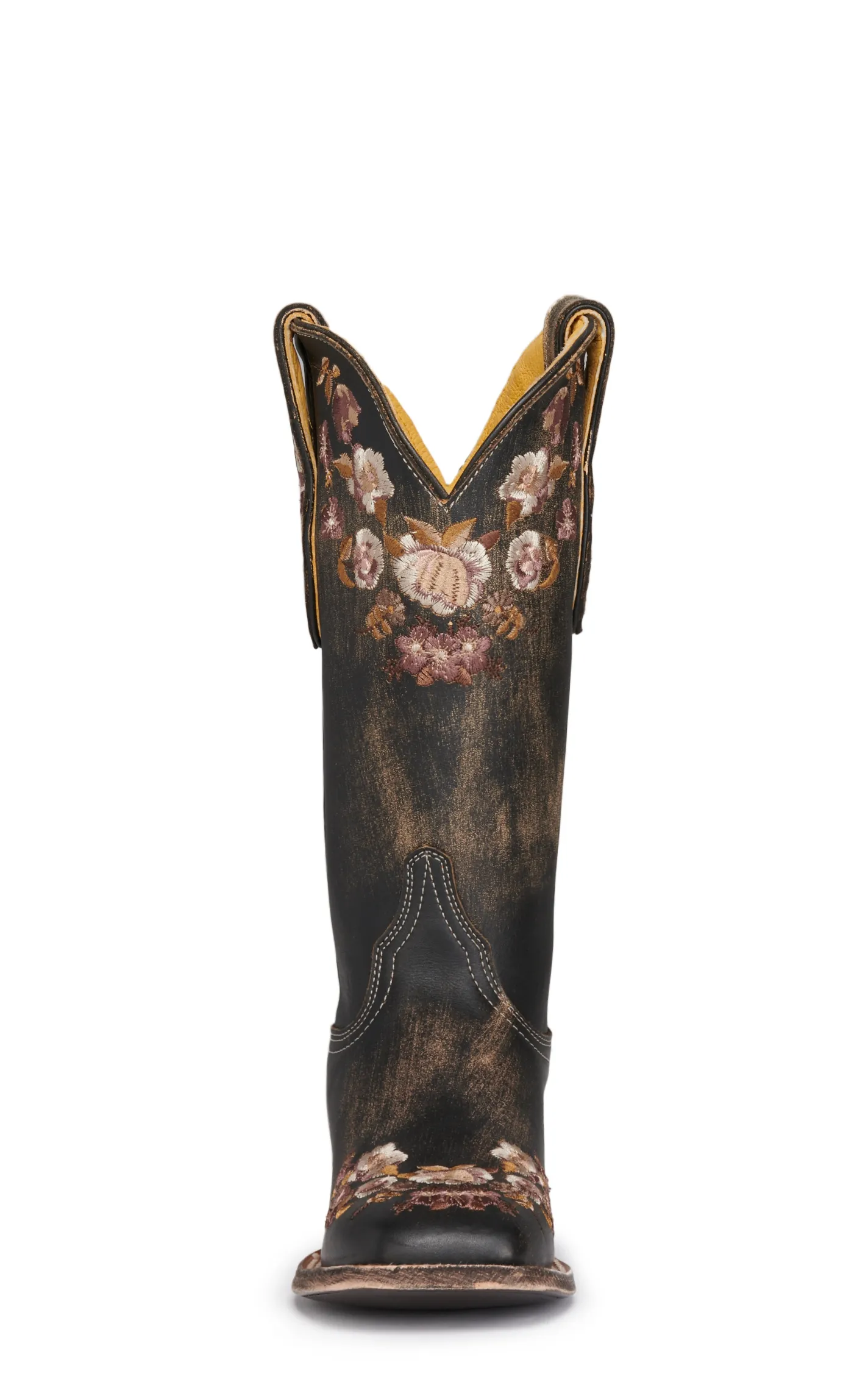 Cavender's Women's Rustic Black with Floral Embroidered Wide Square Toe Cowboy Boots