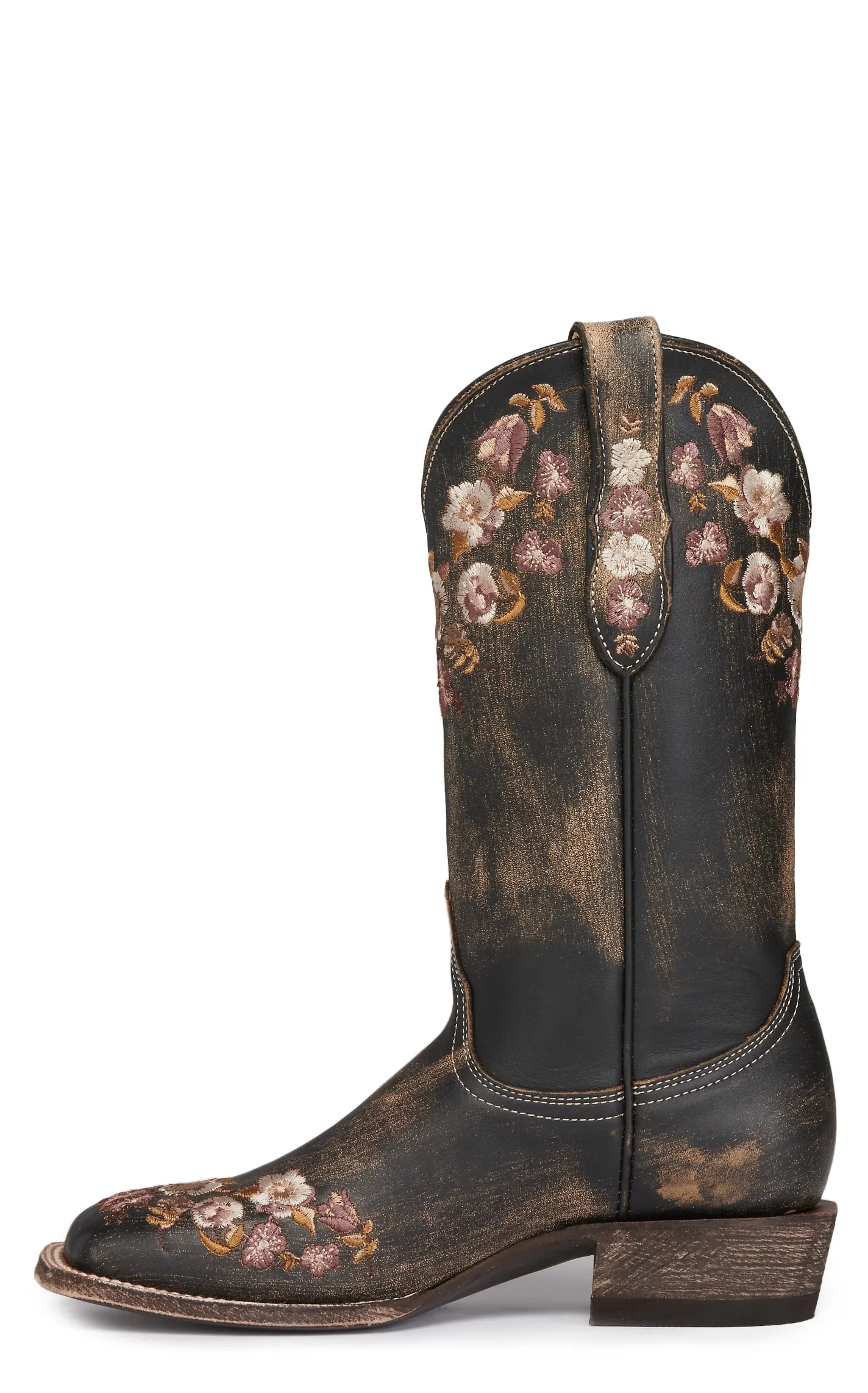 Cavender's Women's Rustic Black with Floral Embroidered Wide Square Toe Cowboy Boots