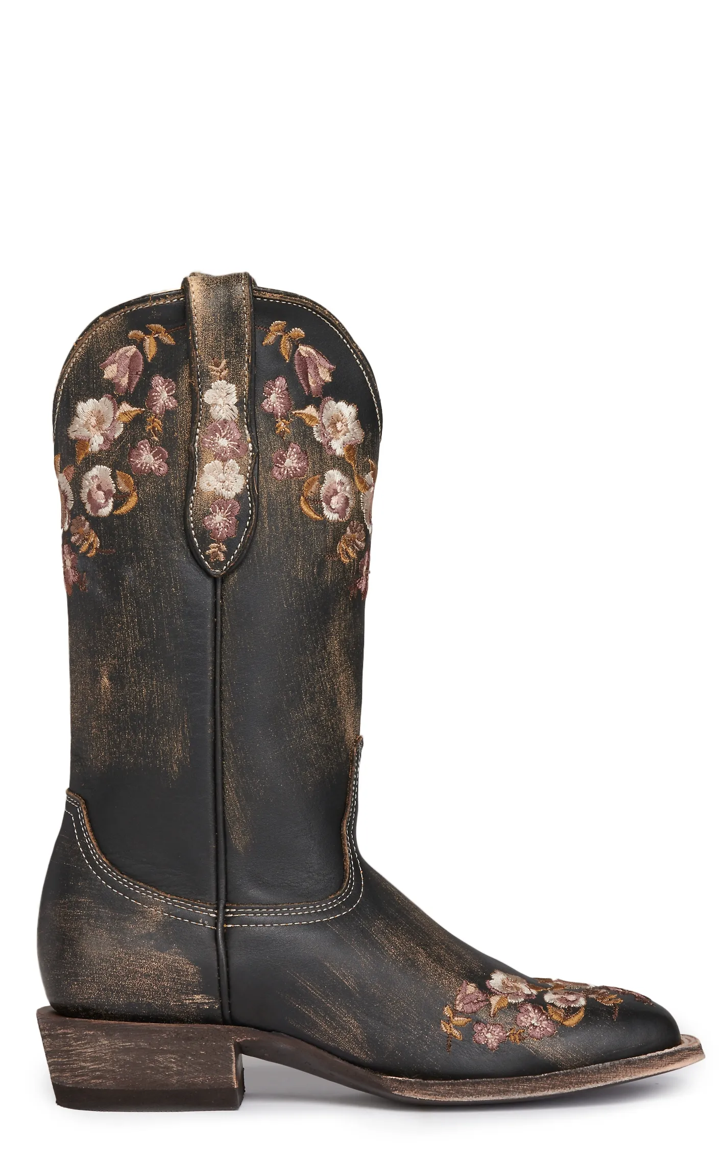 Cavender's Women's Rustic Black with Floral Embroidered Wide Square Toe Cowboy Boots