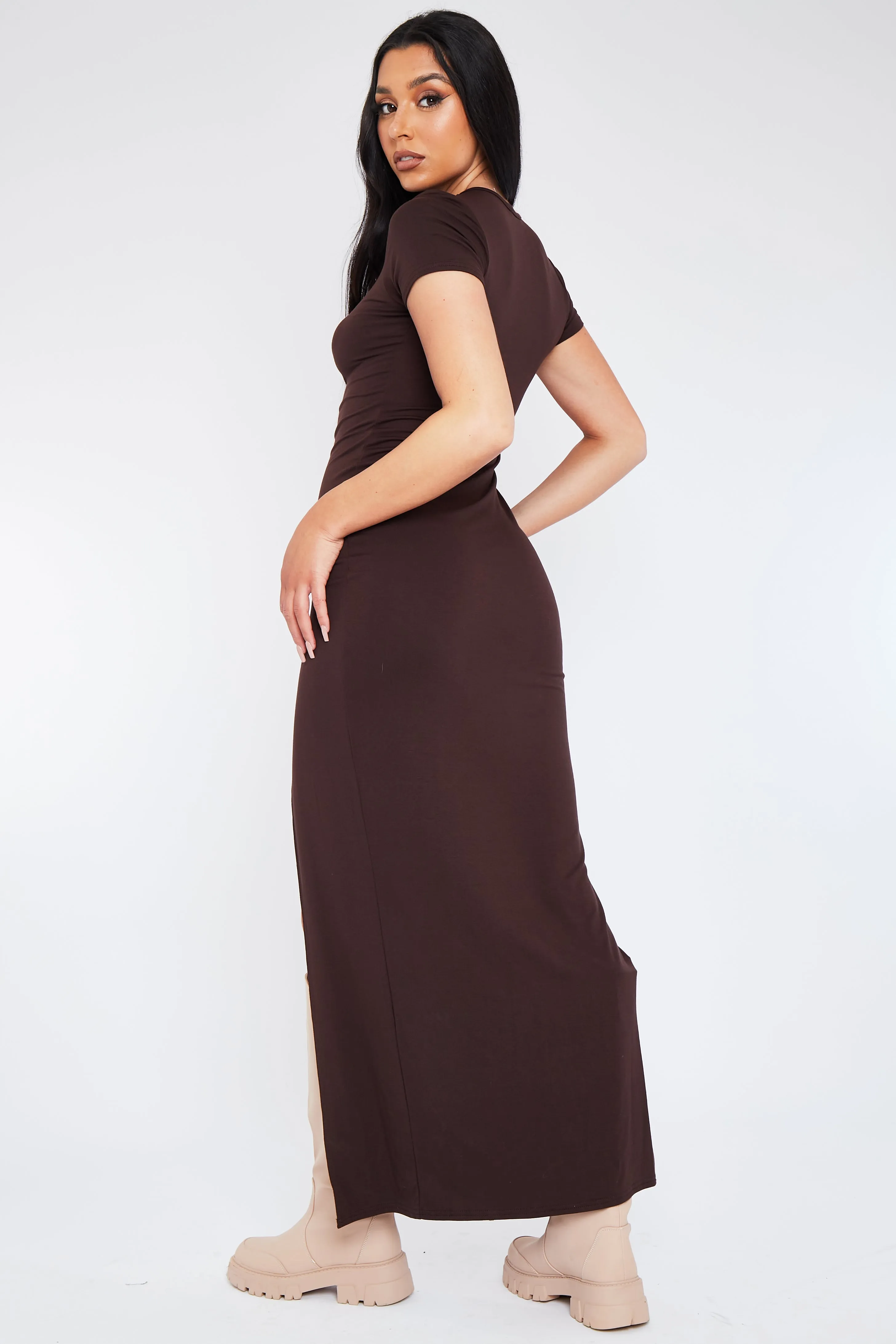 Chocolate Split Hem Maxi T-Shirt Dress - Brynee