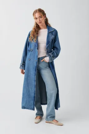 Denim long trench coat