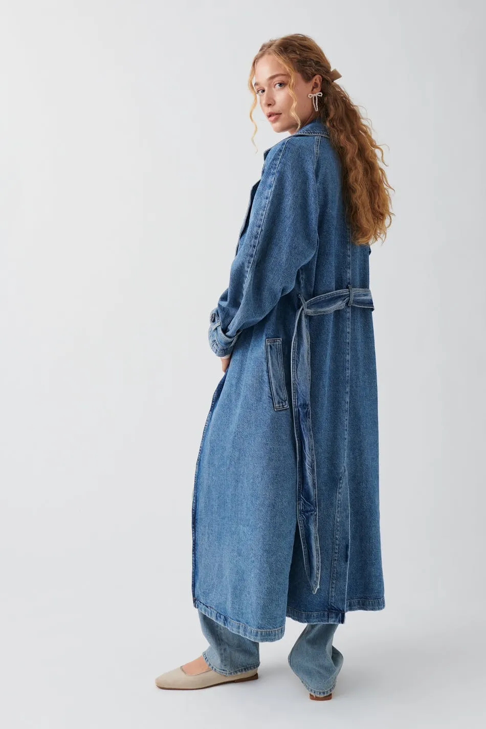 Denim long trench coat