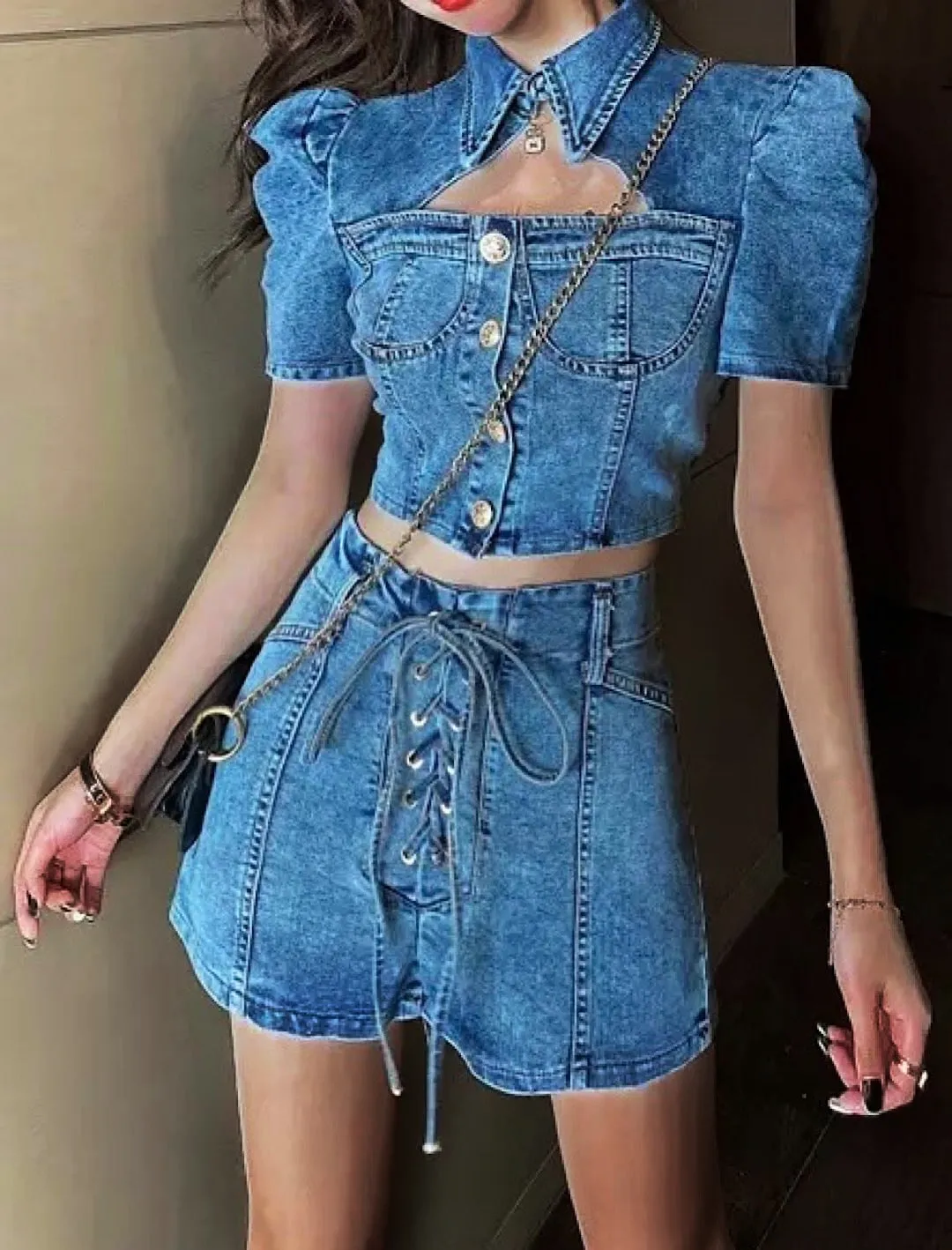 Denim Matching Shorts And Top Set