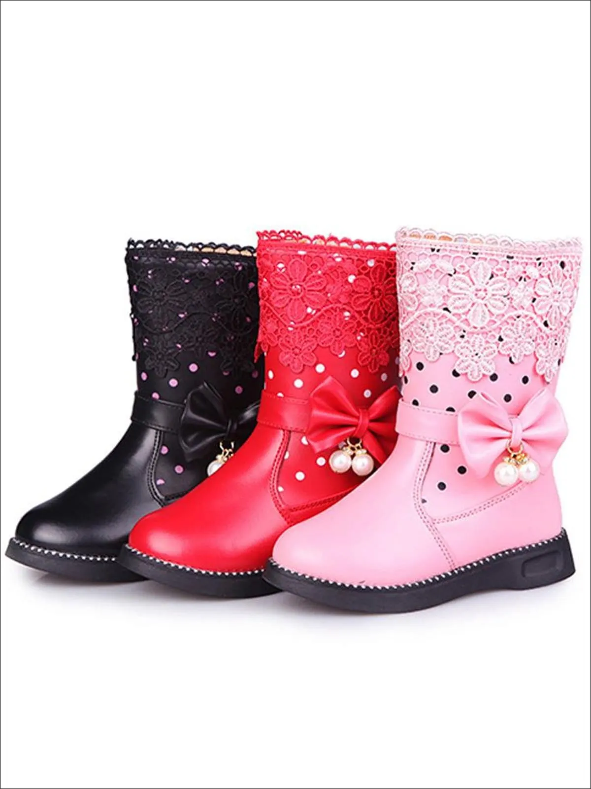 Dotted and Lacey Bow Applique Mid-Calf Princess Boots By Liv and Mia