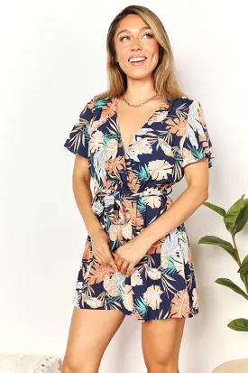 Double Take Botanical Print Surplice Neck Tie Waist Romper