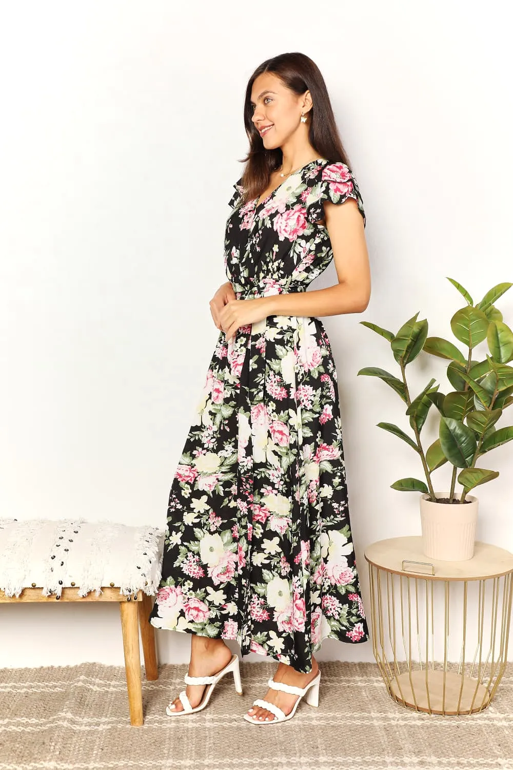 Double Take Floral Flutter Sleeve Tie-Waist Split Dress