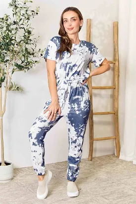 Double Take Tie-Dye Tee and Drawstring Waist Joggers Lounge Set