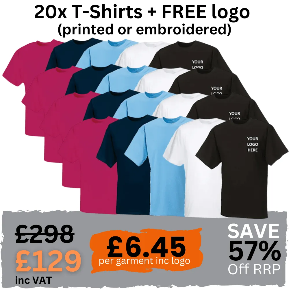 Embroidered Clothing Workwear Pack of 20 T-Shirts including company/team logo (Printed or Embroidery)