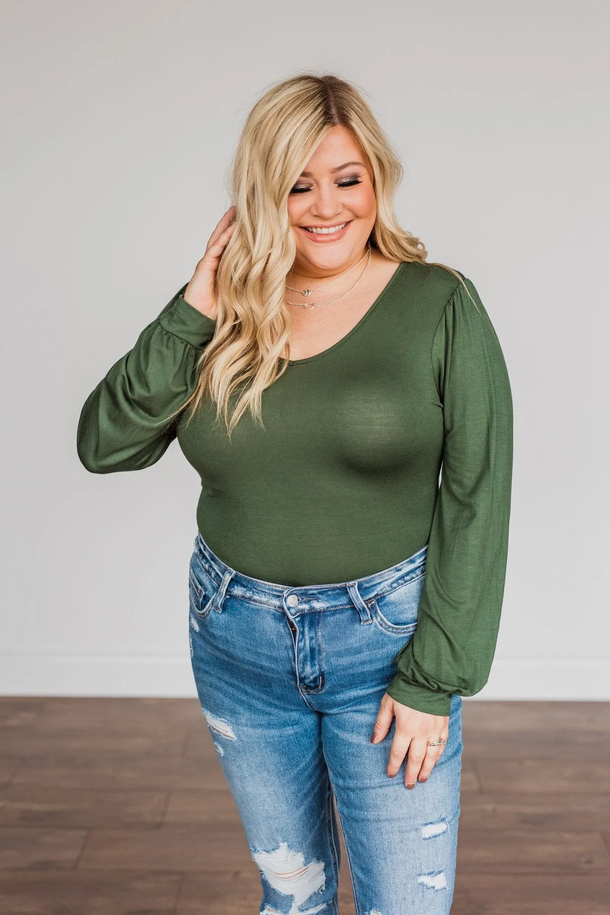 Enchanting Looks Long Sleeve Bodysuit- Olive