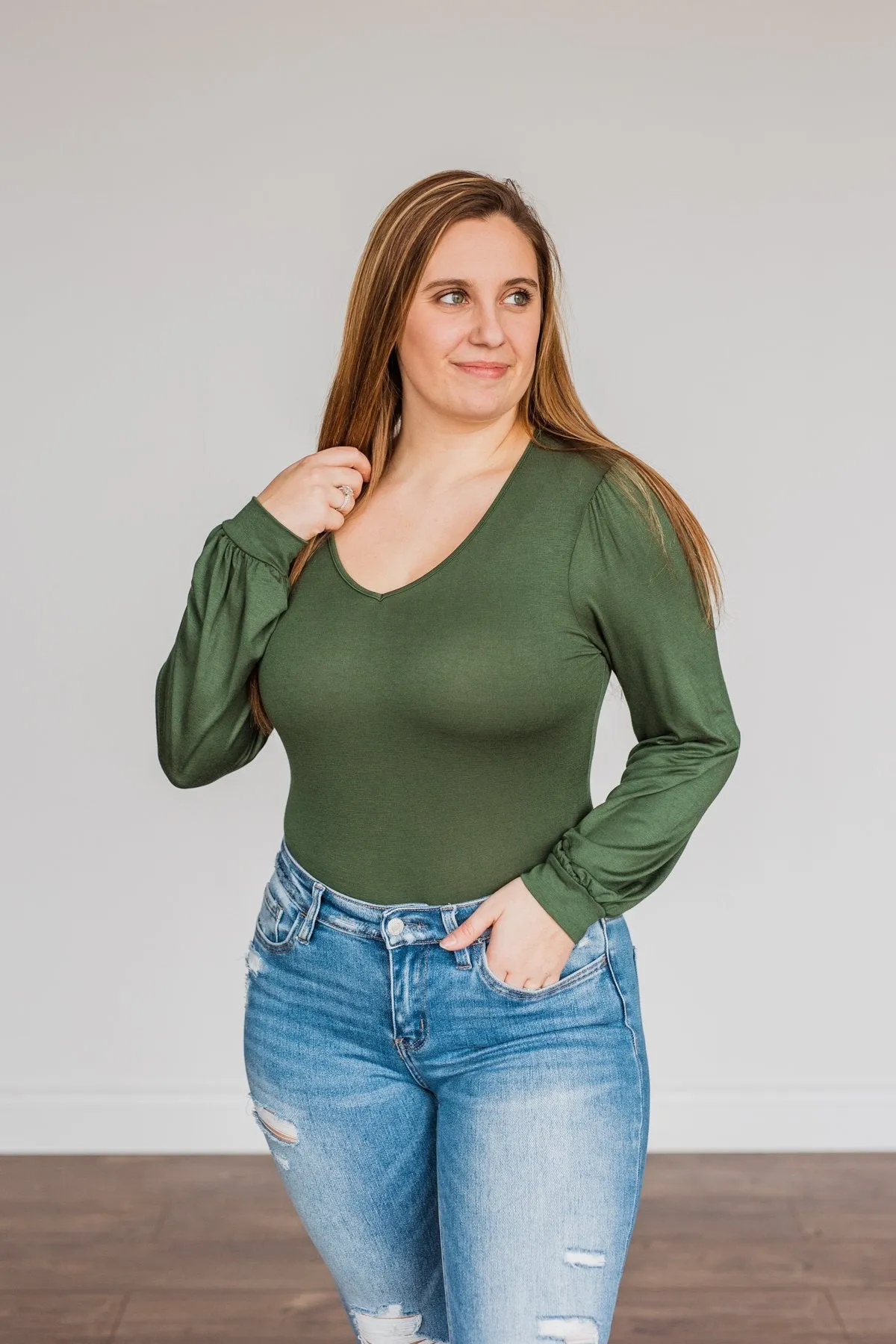 Enchanting Looks Long Sleeve Bodysuit- Olive