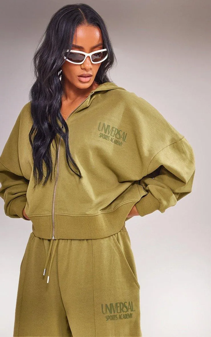 Hoodies & Sweatshirts | Olive Premium Tonal Print Zip Up Boxy Hoodie | PrettyLittleThing