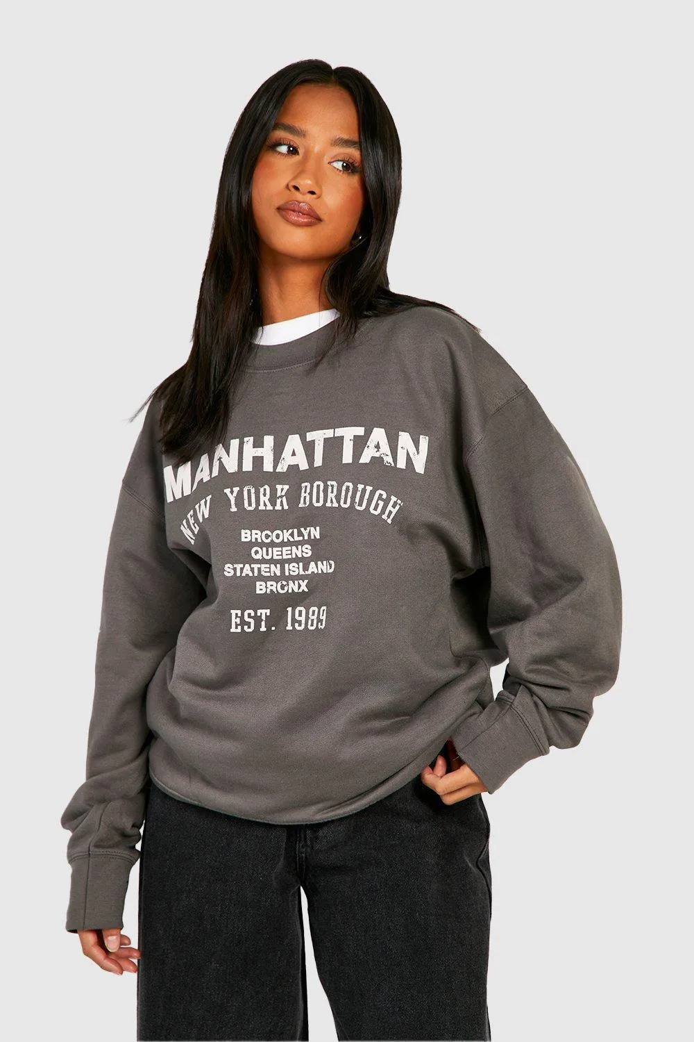 Hoodies & Sweatshirts | Petite Manhattan Slogan Varsity Printed Oversized Sweatshirt | boohoo