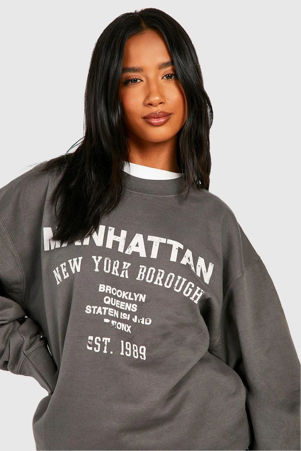 Hoodies & Sweatshirts | Petite Manhattan Slogan Varsity Printed Oversized Sweatshirt | boohoo