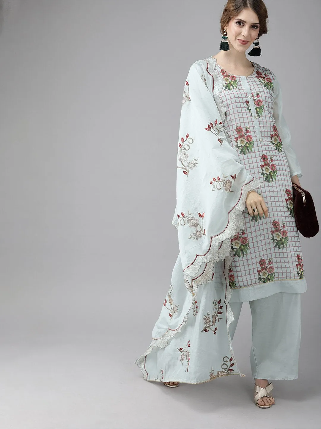 Ishin Women's Chanderi White Floral Printed A-Line Kurta Palazzo With Embroidered Dupatta