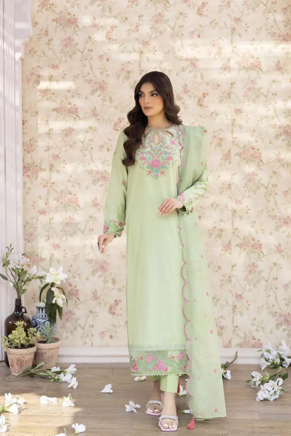 La Rosaa Spring Summer Embroidered Lawn Stitched 3Pc Suit LSS-24-02 Green