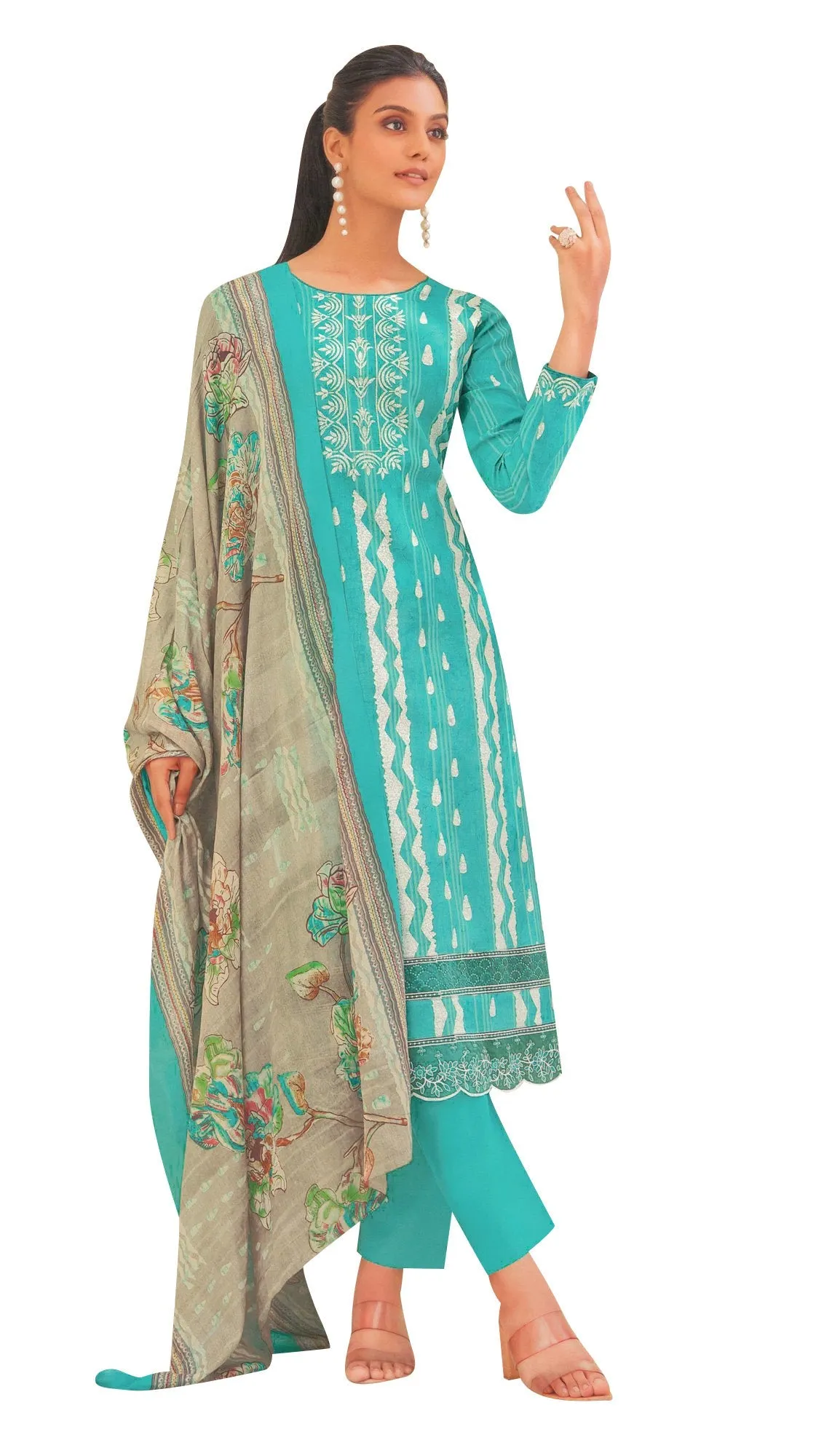 Ladyline Cotton Printed Cutwork Embroidered Salwar Kameez for Women | Pants, Cotton Dupatta