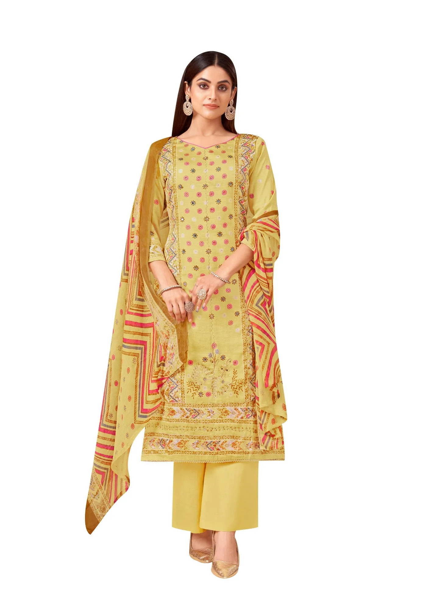 Ladyline Soft Cotton Printed Hand Work Salwar Kameez Embroidered with Chiffon Dupatta