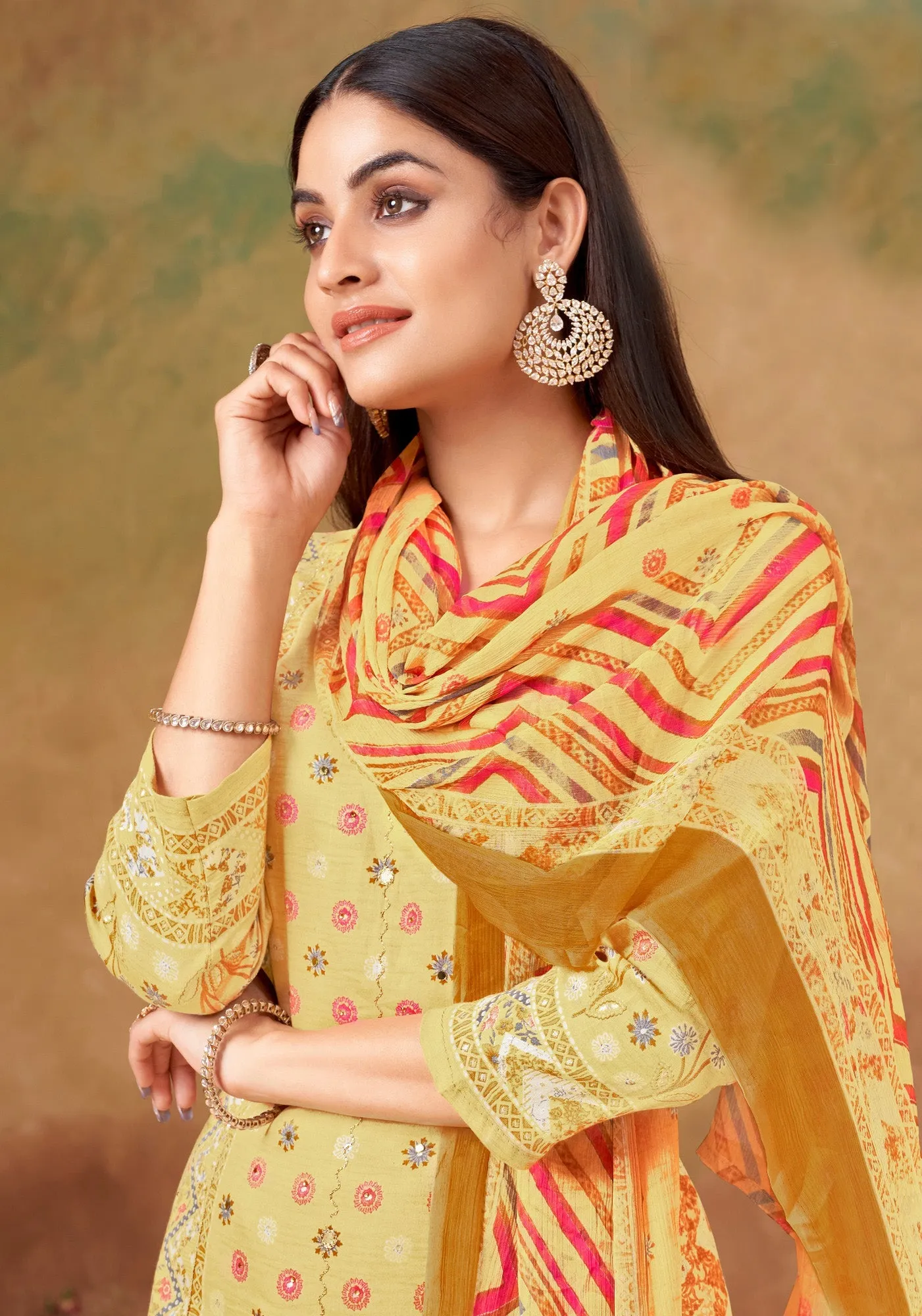 Ladyline Soft Cotton Printed Hand Work Salwar Kameez Embroidered with Chiffon Dupatta