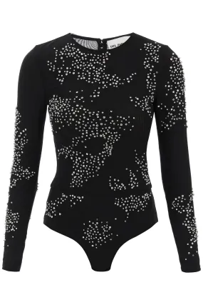 Long Sleeved Bodysuit In Diamanté Mesh