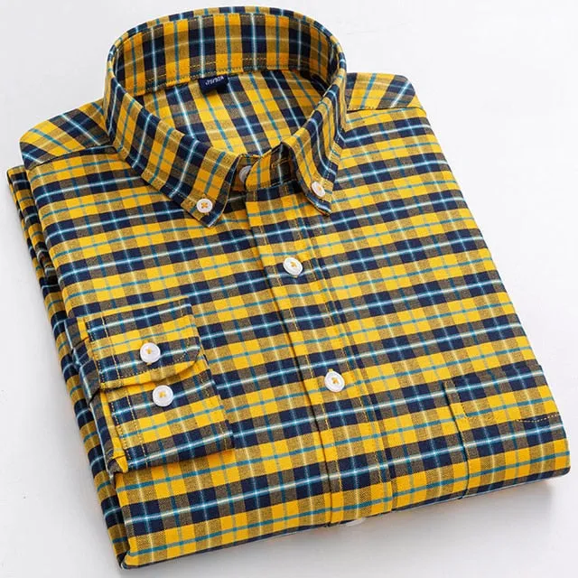 Men's Oxford 100% Cotton Contrast Plaid Checkered Long Sleeve Shirt